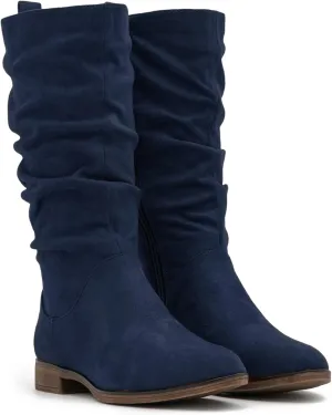 MOOMMO Women Mid Calf Slouch Boots Suede Navy Round Toe Calf High Boots Flats 1 inch Flat Heel Long Boots Wide Calf Side Zipper Dress Boots Pleated Retro Casual Comfy Suede Dark Blue 7 M US