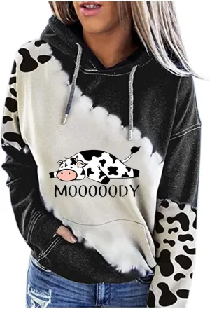 Mooooody Cow Cute Hoodie Long Sleeve Sweatshirt with Pockets Cowhide Print Large Size Hoodie