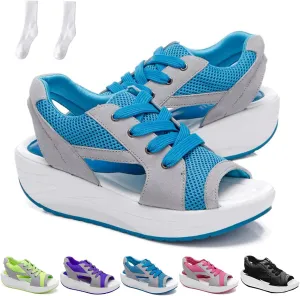 Muffin Sandals for Women, Contrast Paneled Cutout Lace-Up Muffin Sandals, Platform Wedges Open Toe Shoes