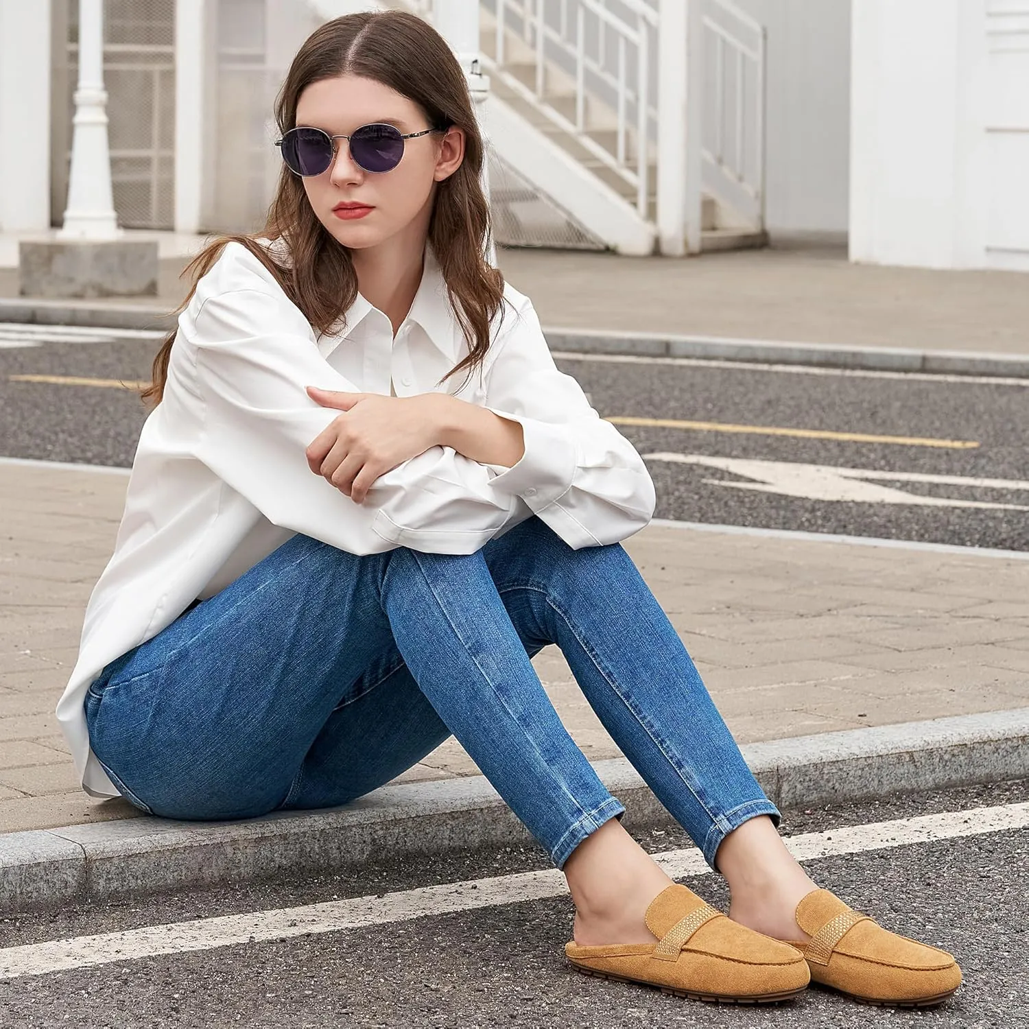 Mules for Women Flats Shoes: Comfortable Suede Casual Round Toe Backless Mules Non-Slip Sole Soft Lining Walking Loafers for Business Work Office