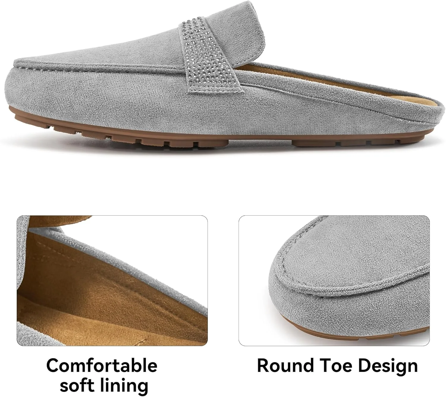 Mules for Women Flats Shoes: Comfortable Suede Casual Round Toe Backless Mules Non-Slip Sole Soft Lining Walking Loafers for Business Work Office