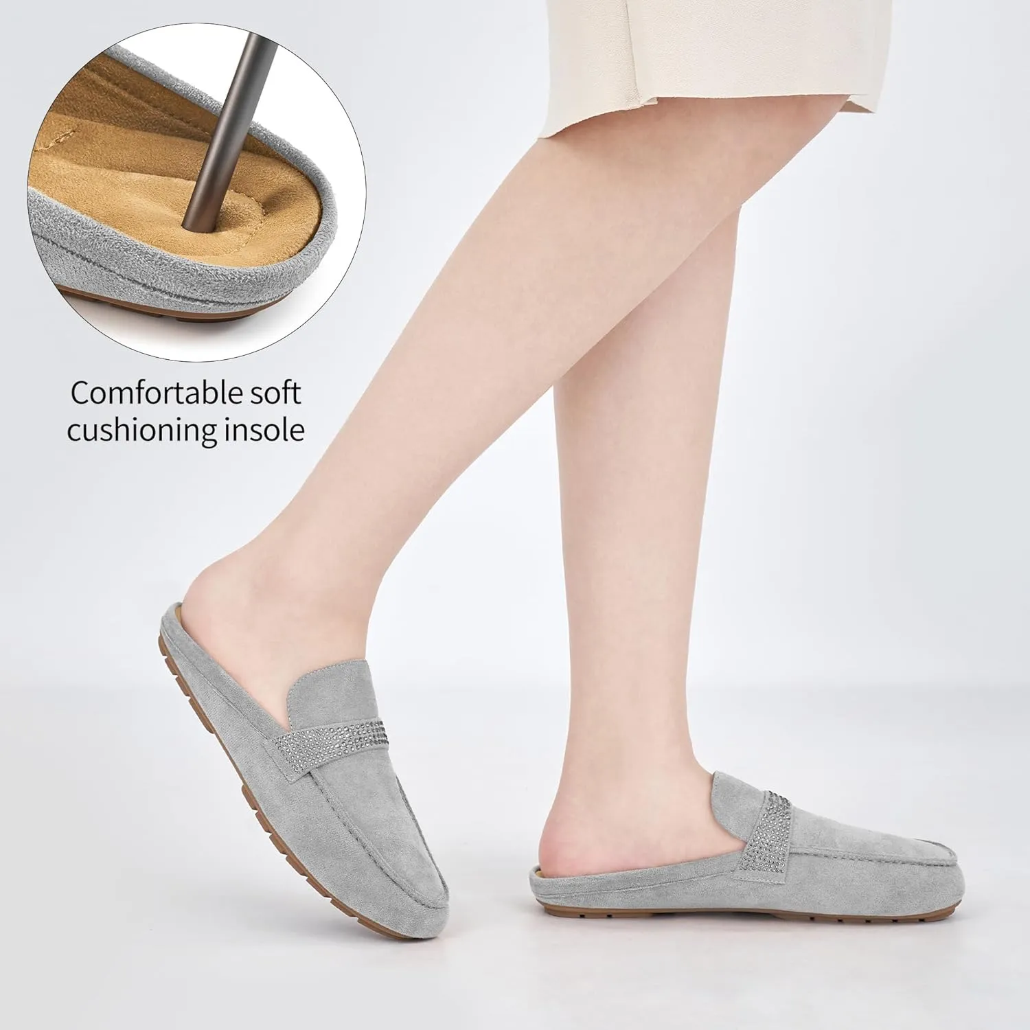 Mules for Women Flats Shoes: Comfortable Suede Casual Round Toe Backless Mules Non-Slip Sole Soft Lining Walking Loafers for Business Work Office