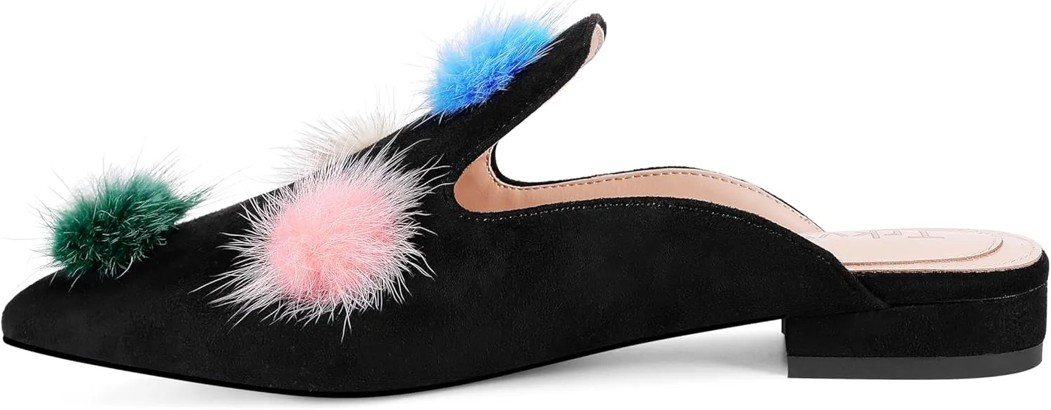 Mules for Women Pointed Toe Comfortable Flats Backless Loafers with Pom Poms