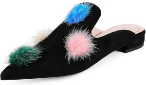 Mules for Women Pointed Toe Comfortable Flats Backless Loafers with Pom Poms