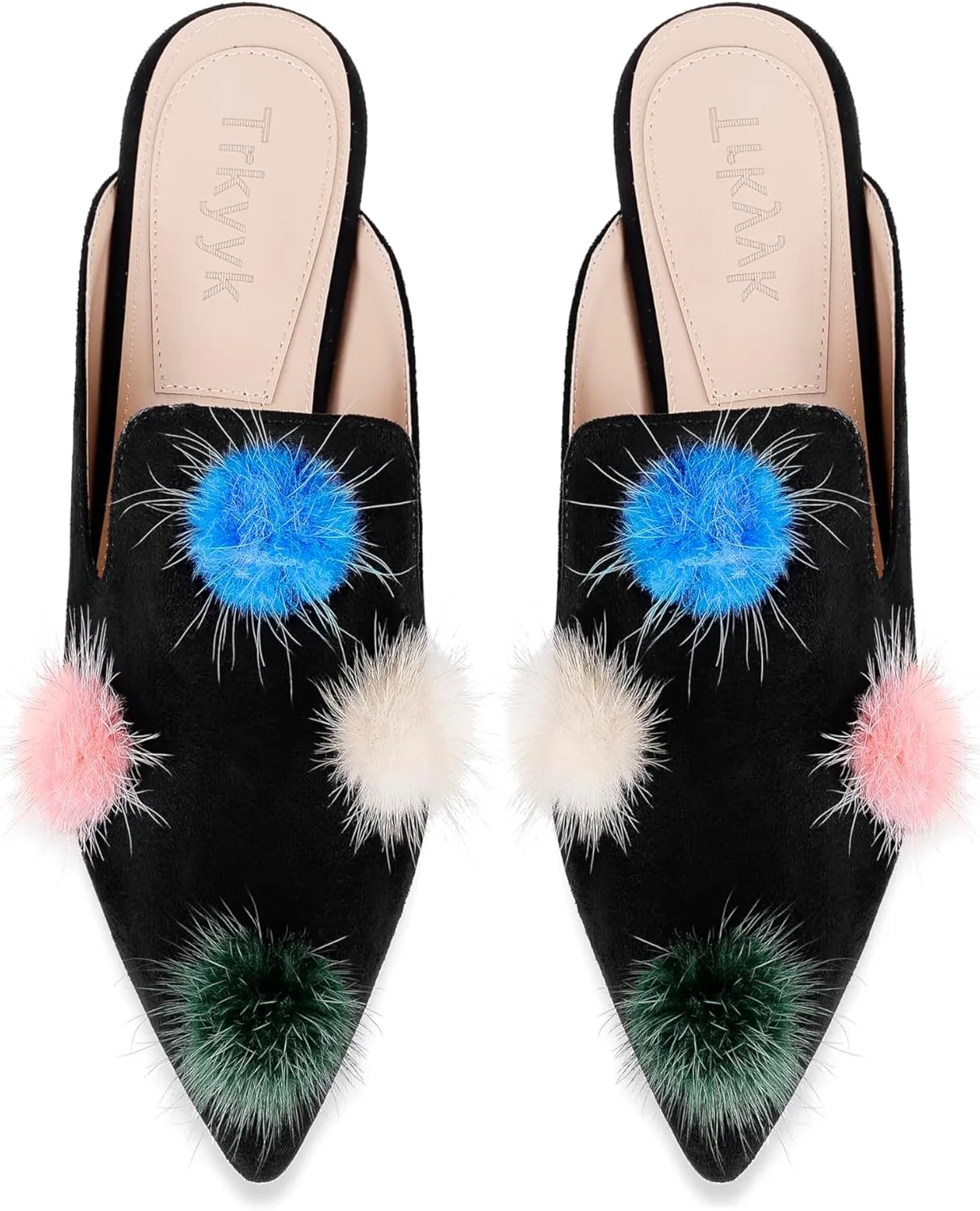 Mules for Women Pointed Toe Comfortable Flats Backless Loafers with Pom Poms