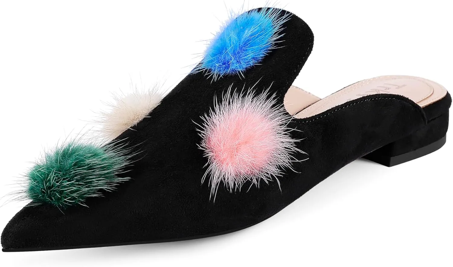 Mules for Women Pointed Toe Comfortable Flats Backless Loafers with Pom Poms