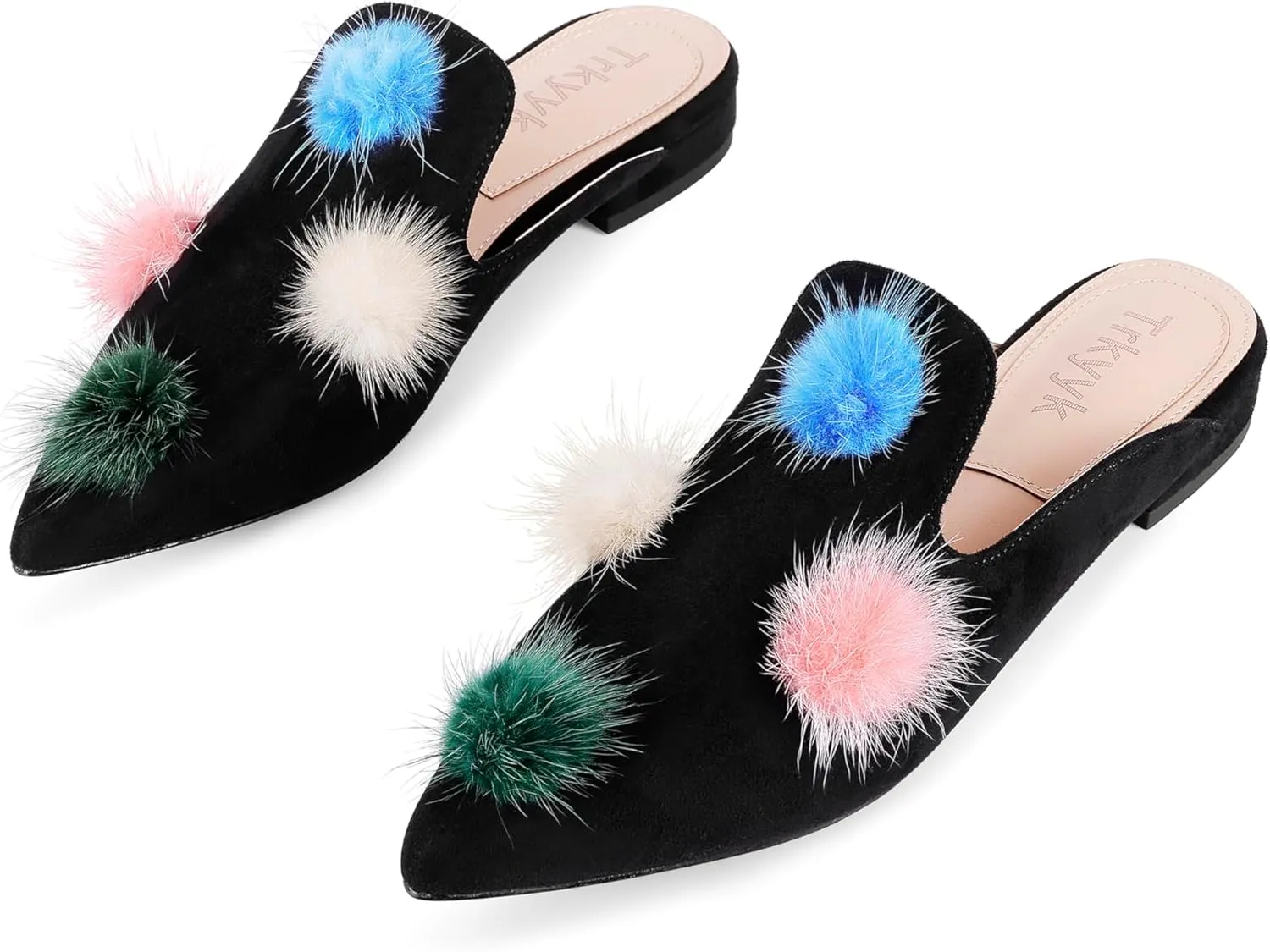 Mules for Women Pointed Toe Comfortable Flats Backless Loafers with Pom Poms