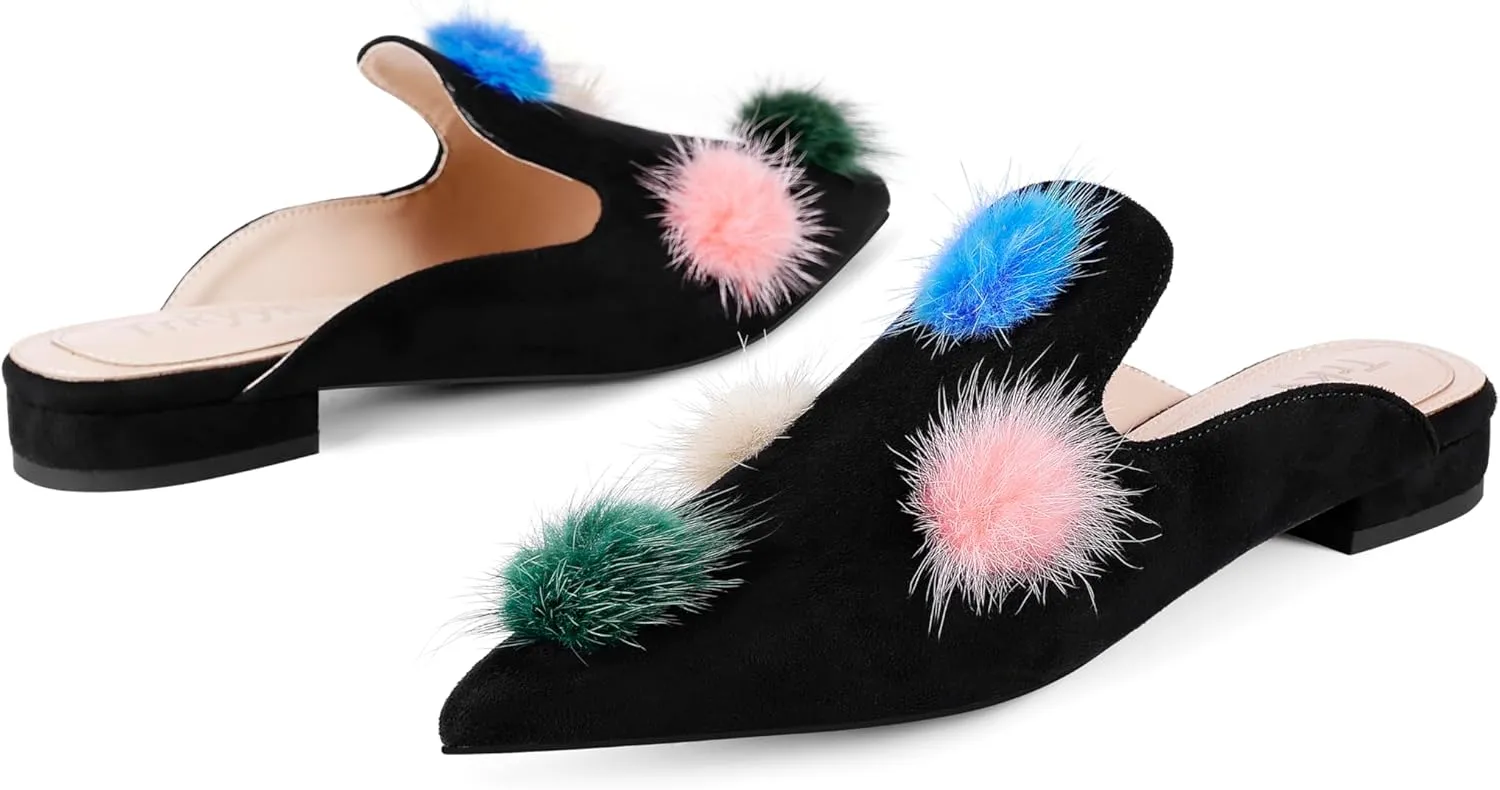 Mules for Women Pointed Toe Comfortable Flats Backless Loafers with Pom Poms