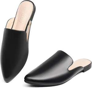 MUSSHOE Mules for Women Flats Comfortable Dressy Pointed Toe Women Mules for Work Business Office Party Wedding,Black PU 9