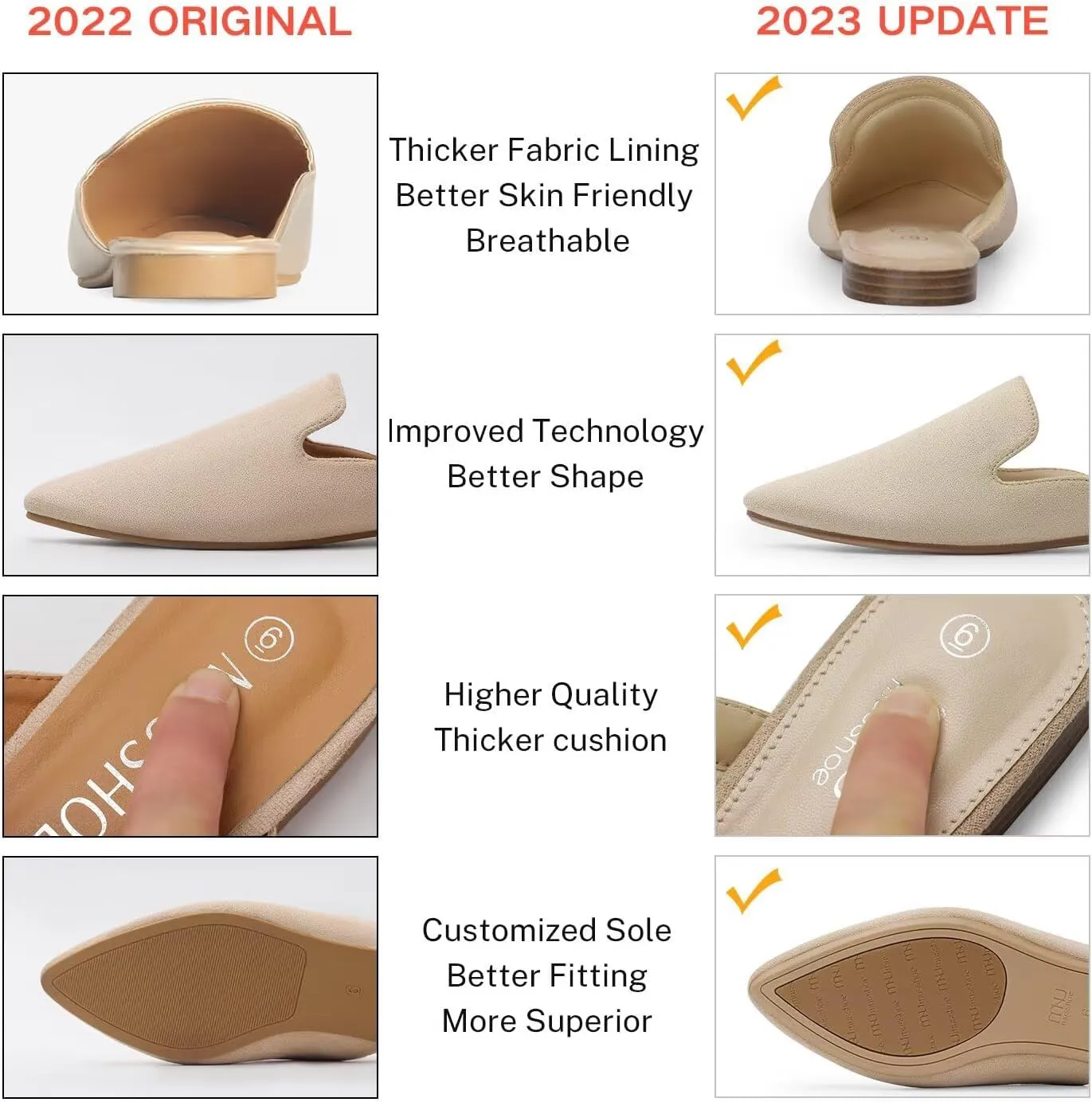 MUSSHOE Mules for Women Flats Comfortable Pointed Toe Women Mules