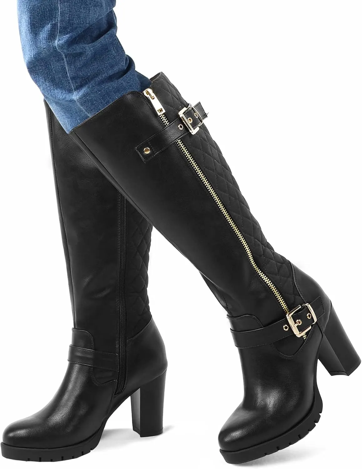 mysoft Women's Knee High Boots Fashion Chunky Block Heel Warm Winter Boots with Side Zippers