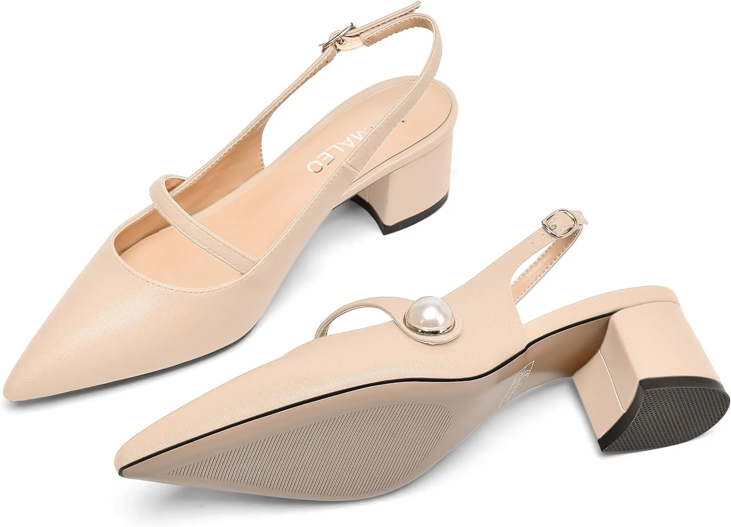 NUMALEO Womens Buckle Dating Pointed Toe Pearl Solid Ankle Strap Dress Gingham Matte Chunky Low Heel Pumps Shoes 2 Inch