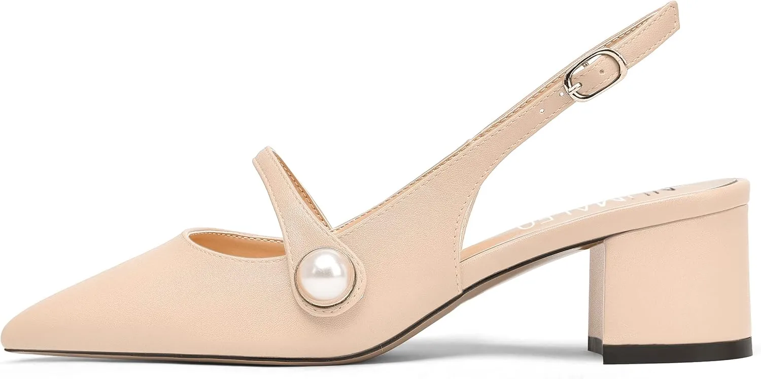 NUMALEO Womens Buckle Dating Pointed Toe Pearl Solid Ankle Strap Dress Gingham Matte Chunky Low Heel Pumps Shoes 2 Inch