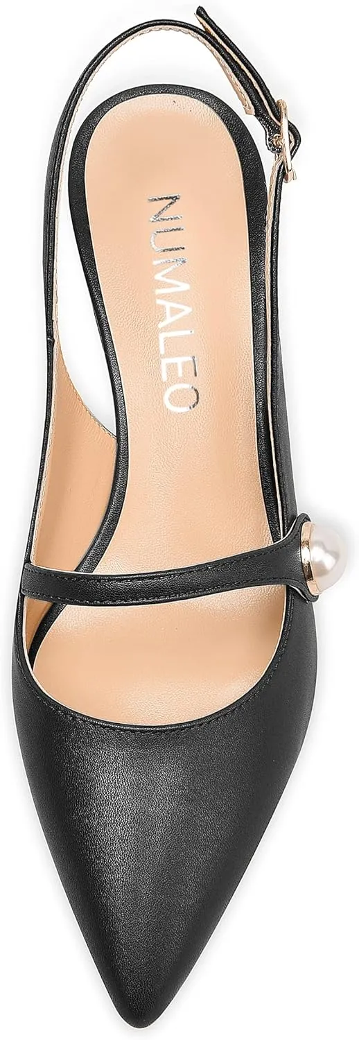 NUMALEO Womens Buckle Dating Pointed Toe Pearl Solid Ankle Strap Dress Gingham Matte Chunky Low Heel Pumps Shoes 2 Inch