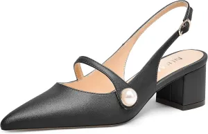 NUMALEO Womens Buckle Dating Pointed Toe Pearl Solid Ankle Strap Dress Gingham Matte Chunky Low Heel Pumps Shoes 2 Inch