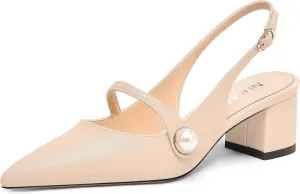 NUMALEO Womens Buckle Dating Pointed Toe Pearl Solid Ankle Strap Dress Gingham Matte Chunky Low Heel Pumps Shoes 2 Inch