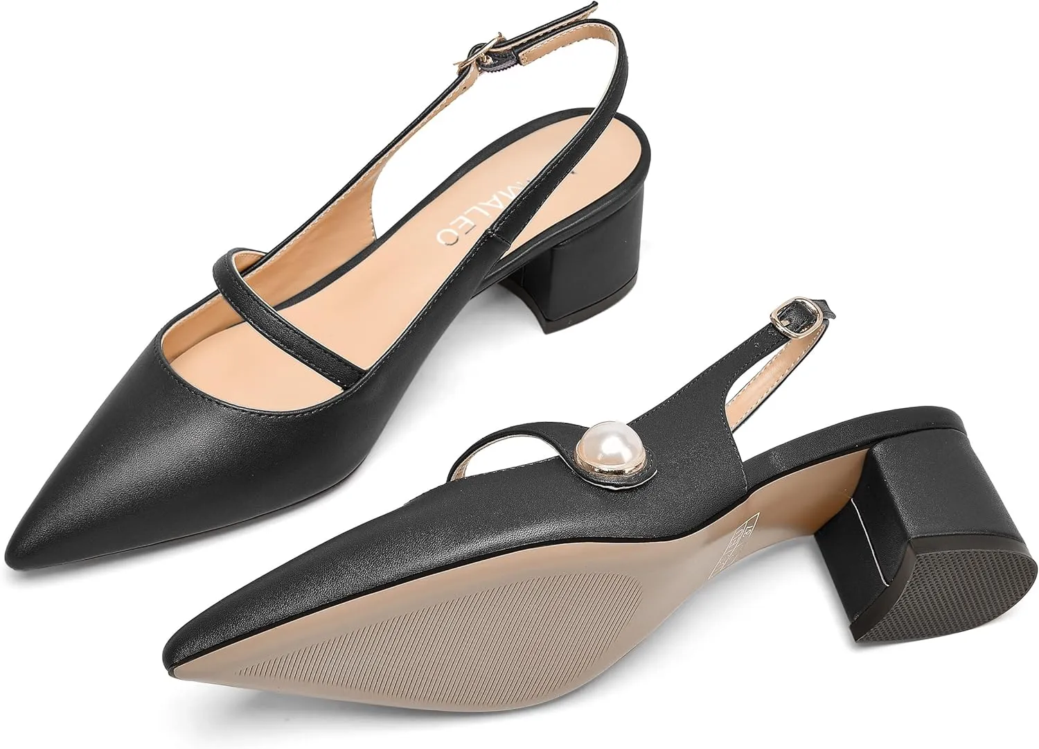 NUMALEO Womens Buckle Dating Pointed Toe Pearl Solid Ankle Strap Dress Gingham Matte Chunky Low Heel Pumps Shoes 2 Inch