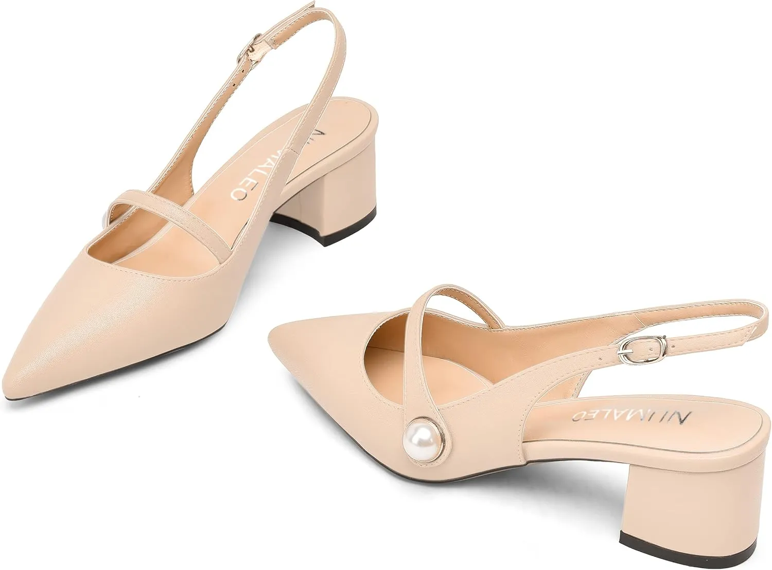 NUMALEO Womens Buckle Dating Pointed Toe Pearl Solid Ankle Strap Dress Gingham Matte Chunky Low Heel Pumps Shoes 2 Inch