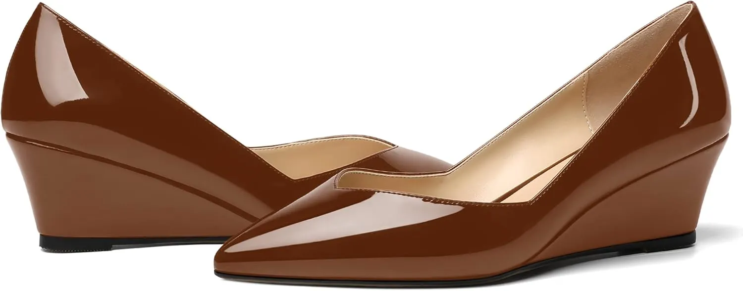 NUMALEO Womens Office Patent Pointed Toe Casual Slip On Solid Wedge Low Heel Pumps Shoes 2 Inch