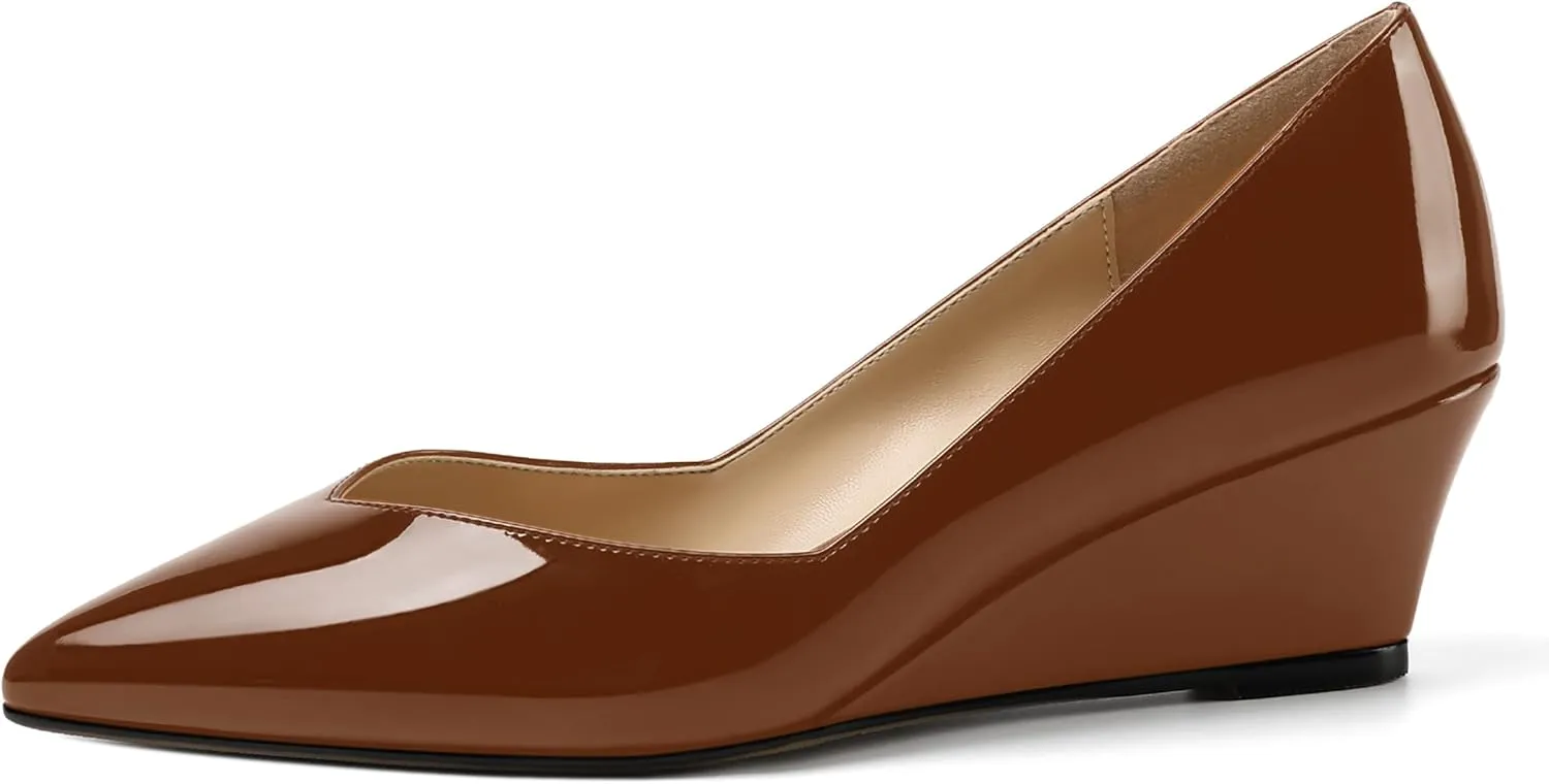 NUMALEO Womens Office Patent Pointed Toe Casual Slip On Solid Wedge Low Heel Pumps Shoes 2 Inch