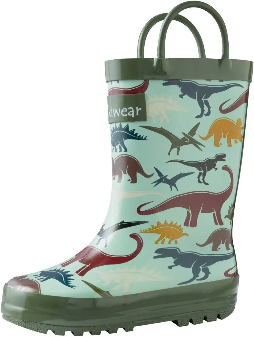 oaki Toddler Rain Boots - Perfect Kids Rain Boots for Any Weather - Durable Rubber Baby Rain Boots Keep Little Feet Dry, Lightweight Waterproof with Easy-on Handle, Earthy Dino, 10T Toddler