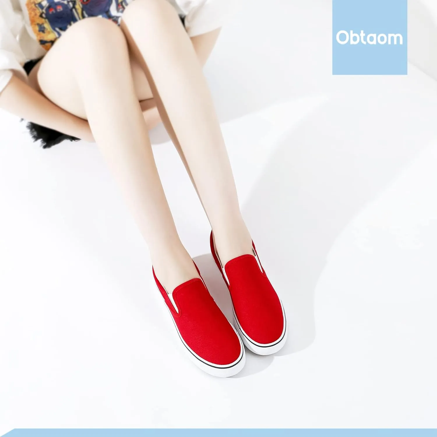 Obtaom Women's White Sneakers Black Slip on Shoes for Women Low Top Canvas Loafers