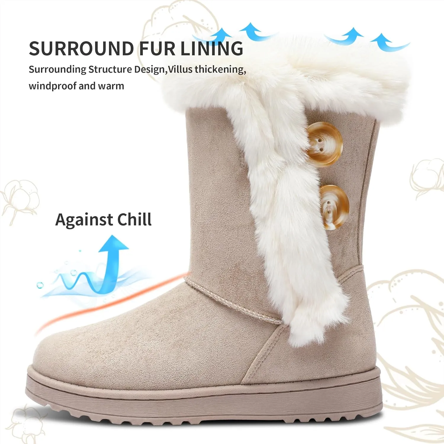 Obtaom Women’s winter snow boots Short Mid Calf fashion boot Art Resin button Faux Suede boots for women
