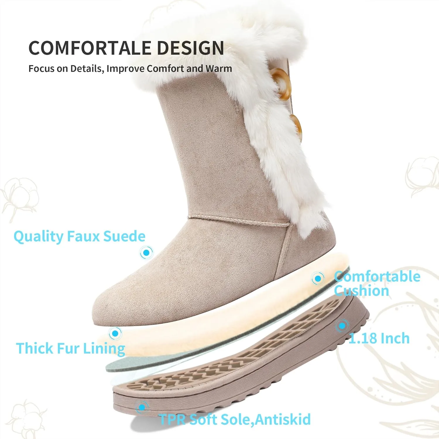 Obtaom Women’s winter snow boots Short Mid Calf fashion boot Art Resin button Faux Suede boots for women