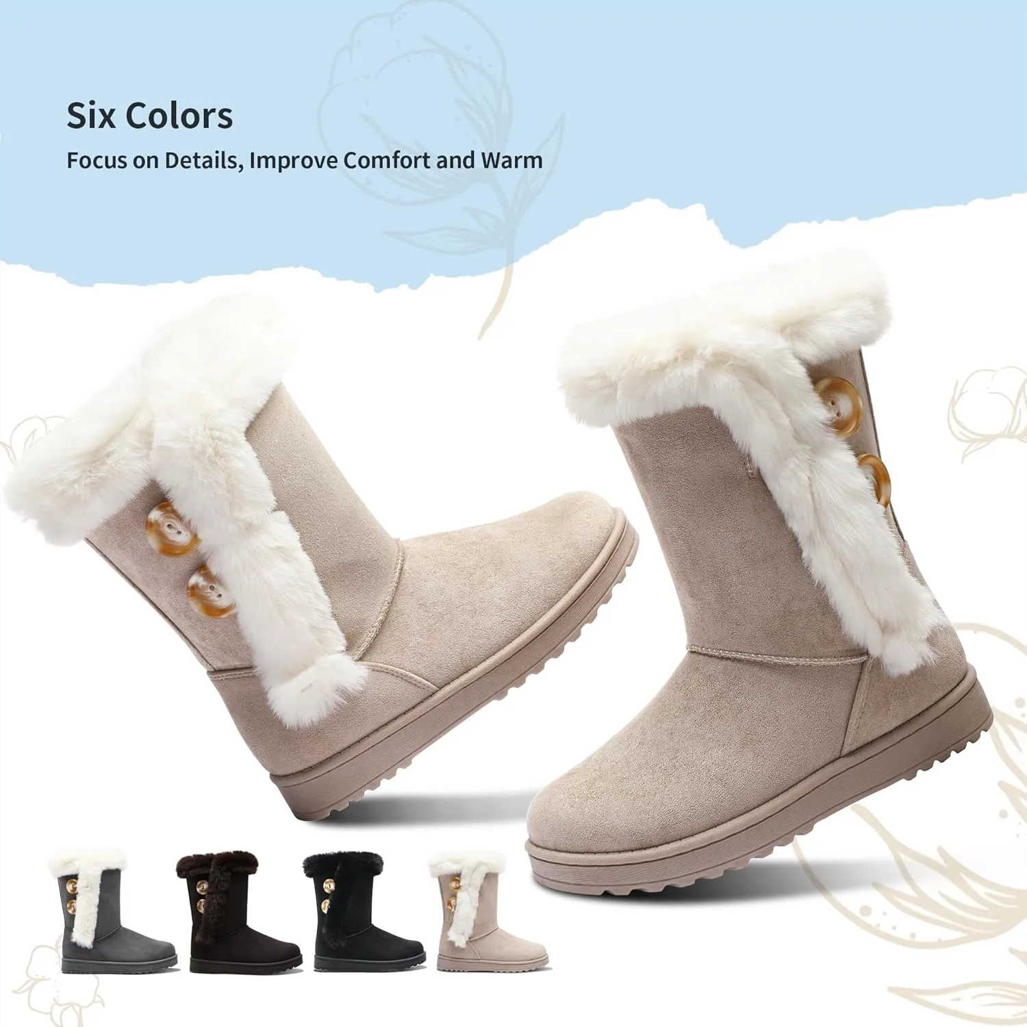 Obtaom Women’s winter snow boots Short Mid Calf fashion boot Art Resin button Faux Suede boots for women