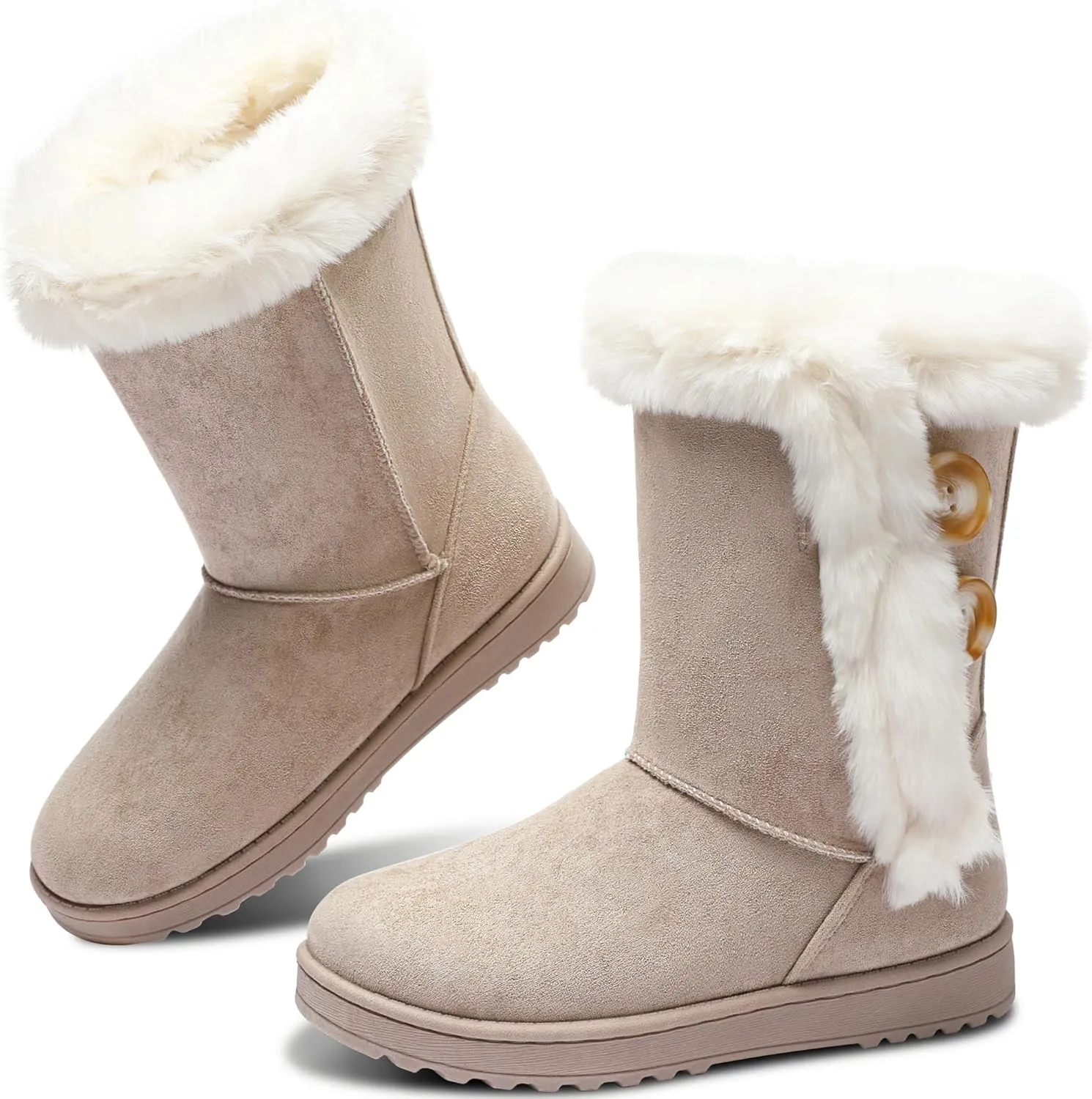 Obtaom Women’s winter snow boots Short Mid Calf fashion boot Art Resin button Faux Suede boots for women
