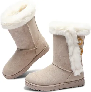 Obtaom Women’s winter snow boots Short Mid Calf fashion boot Art Resin button Faux Suede boots for women