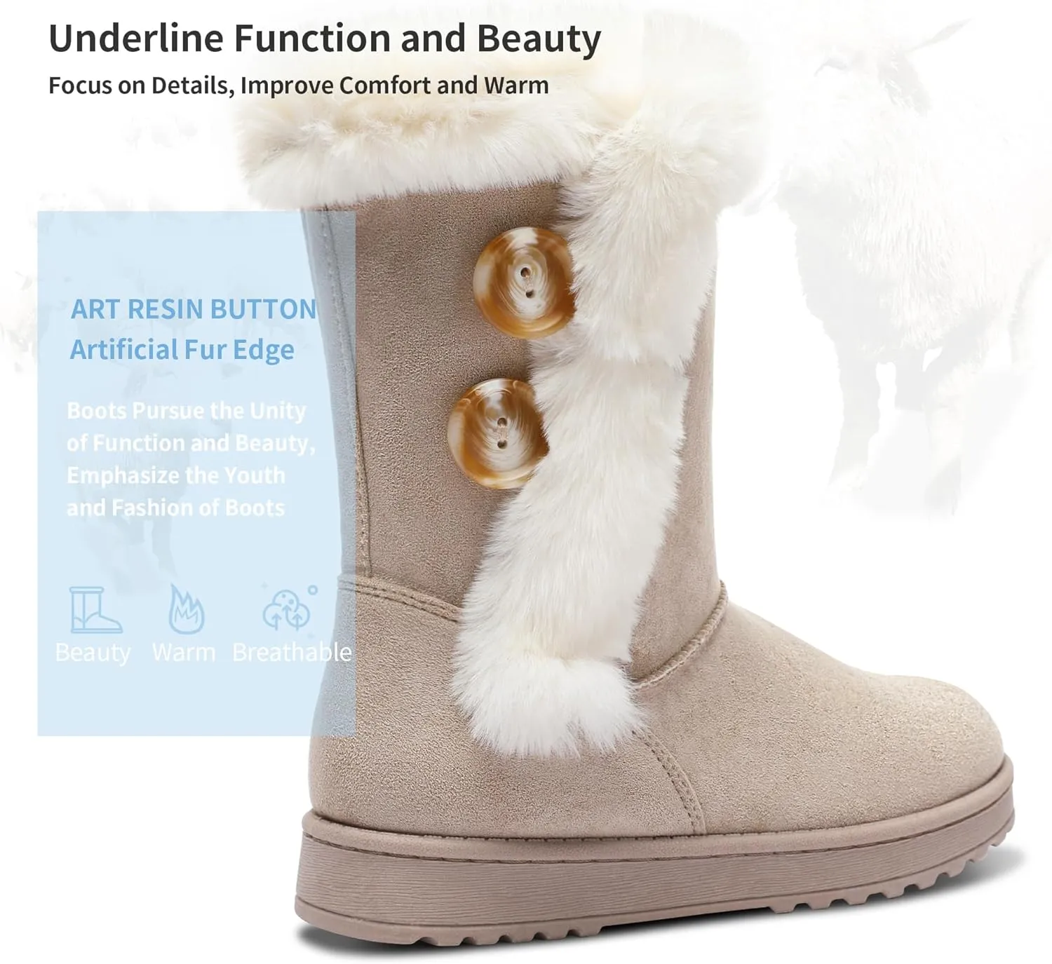 Obtaom Women’s winter snow boots Short Mid Calf fashion boot Art Resin button Faux Suede boots for women