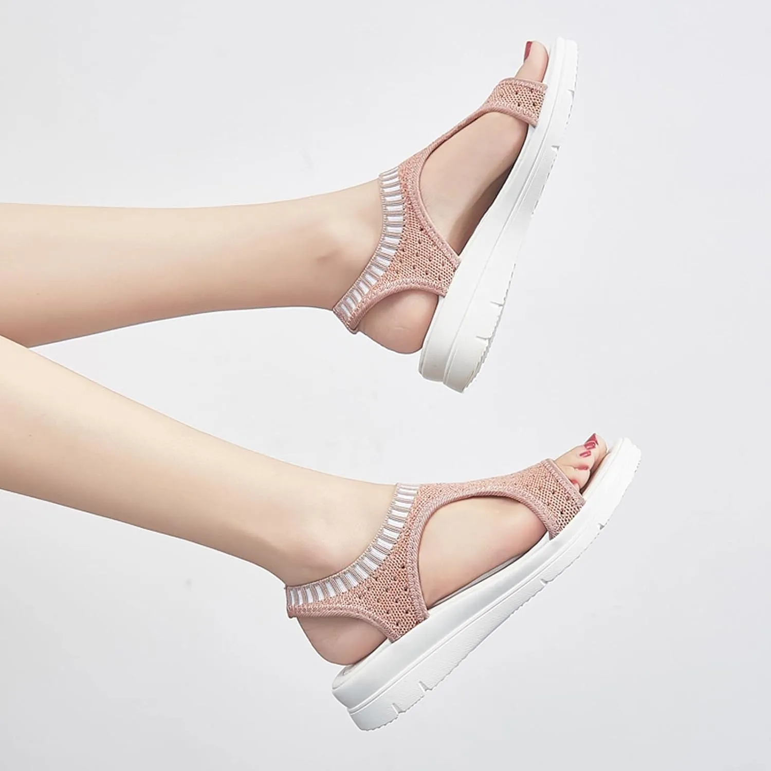 oiangi Knitted Wedge Sandals for Women Fashion Fish Mouth Open Toe Hollow Mesh Breathable Slip-on Platform Sport Sandals Summer Stretchy Comfy Walking Shoes