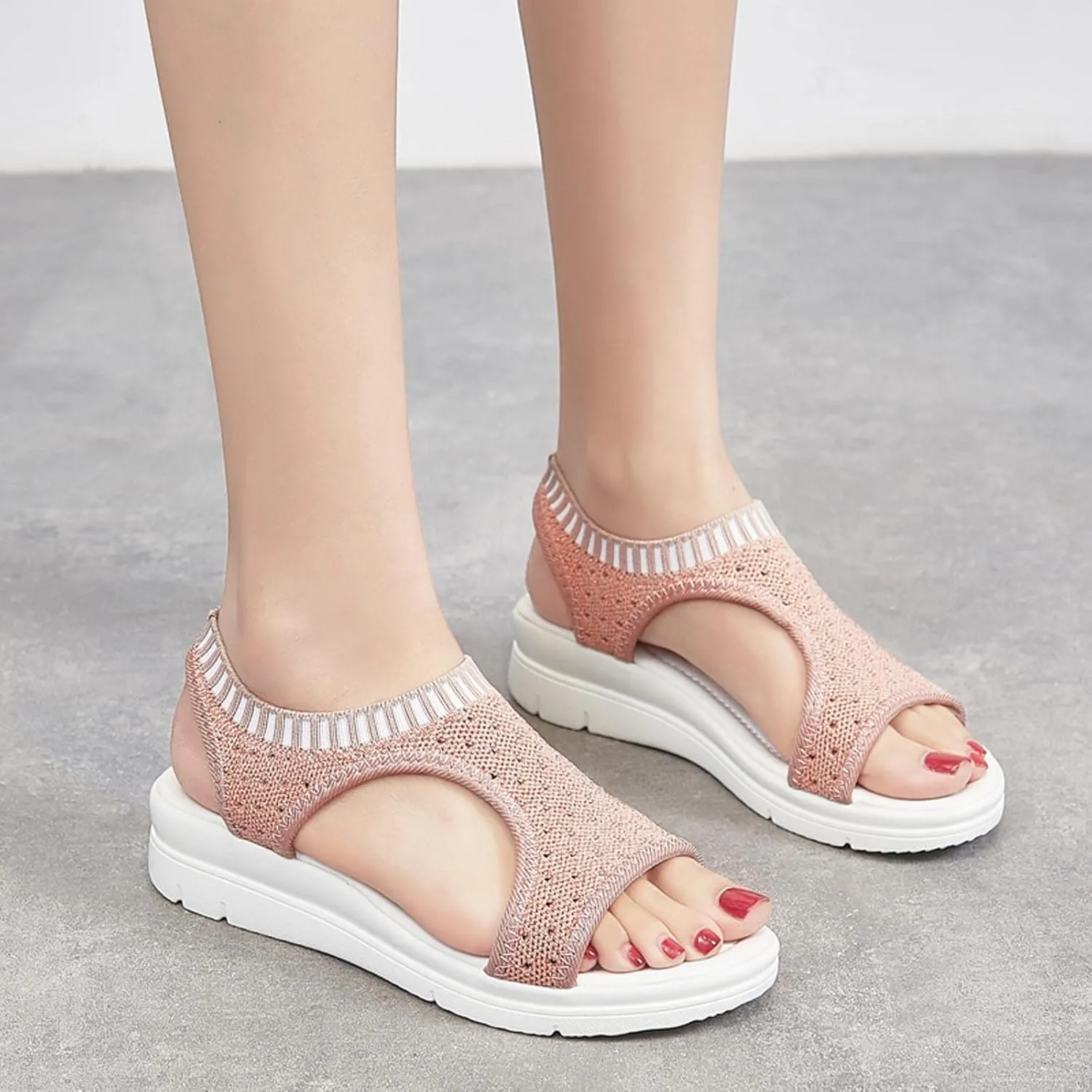 oiangi Knitted Wedge Sandals for Women Fashion Fish Mouth Open Toe Hollow Mesh Breathable Slip-on Platform Sport Sandals Summer Stretchy Comfy Walking Shoes