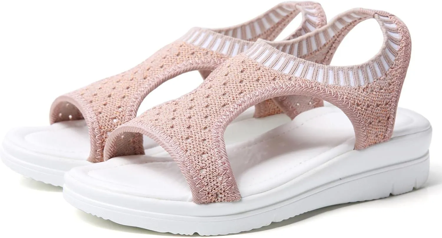 oiangi Knitted Wedge Sandals for Women Fashion Fish Mouth Open Toe Hollow Mesh Breathable Slip-on Platform Sport Sandals Summer Stretchy Comfy Walking Shoes
