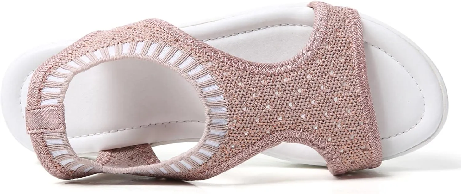 oiangi Knitted Wedge Sandals for Women Fashion Fish Mouth Open Toe Hollow Mesh Breathable Slip-on Platform Sport Sandals Summer Stretchy Comfy Walking Shoes
