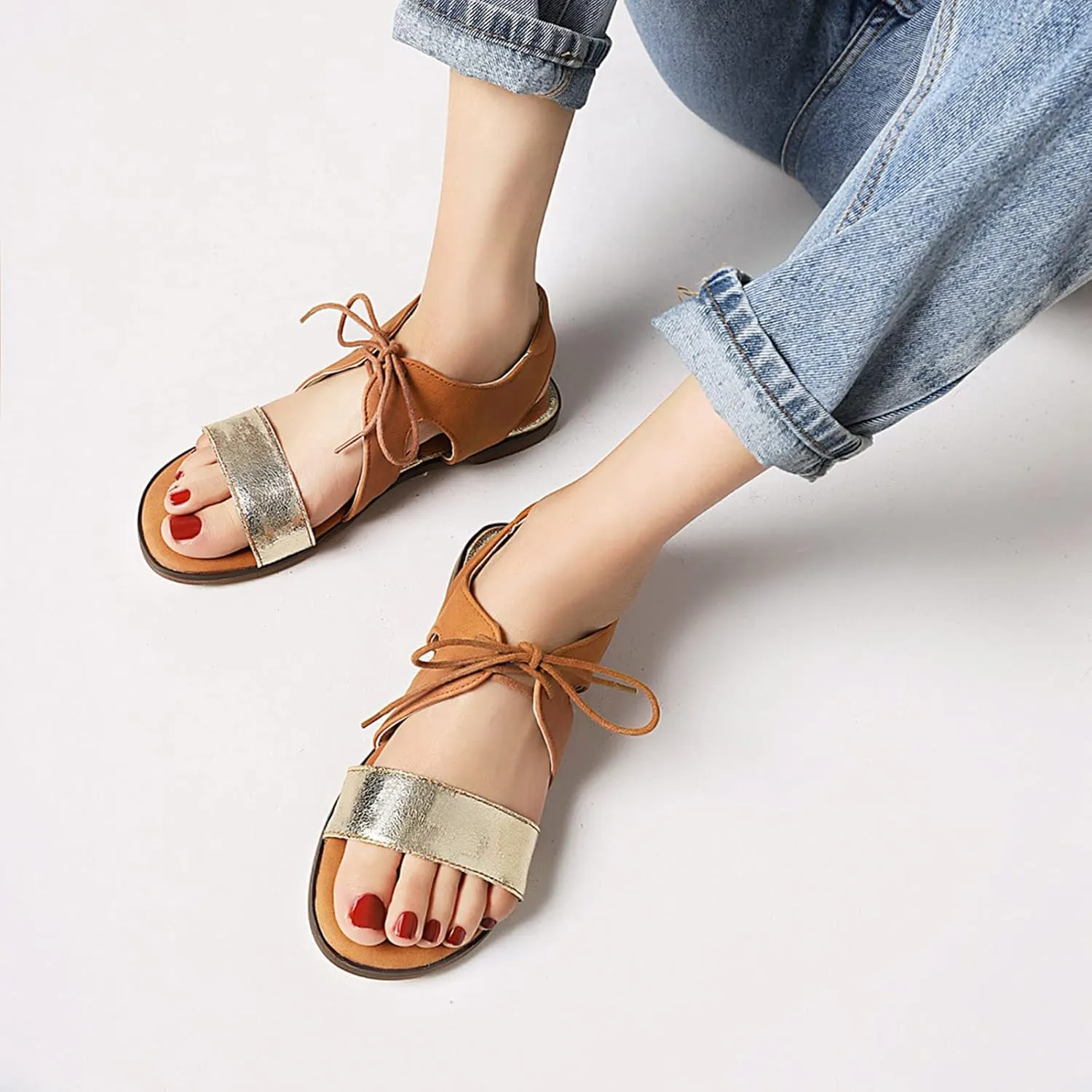 oiangi Lace up Flat Sandals for Women Fashion Leopard Print Strap Hollow Round Toe Open Toe Shoes Summer Comfortable Casual Trendy Ladies Sandalias