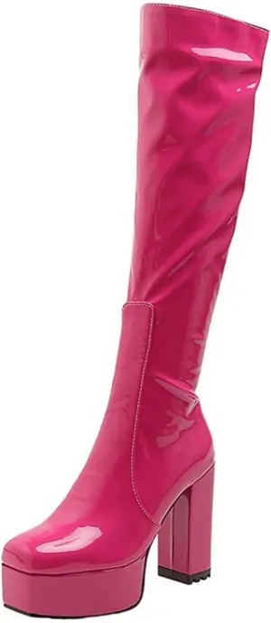 oiangi Over the Knee Boots for Women - Fashion Solid Square Toe Side Zipper Chunky Thick High Heel Platform Long Boots Fall Comfortable Casual Shoes