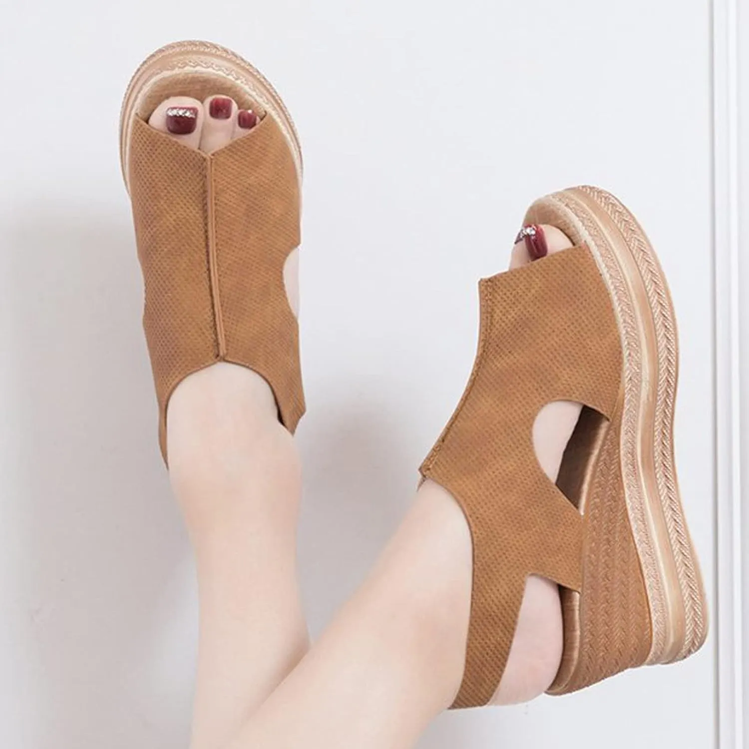 oiangi Slingback Sandals for Women Comfort Heels Summer Fish Mouth Open Toe Hollow Buckle Wedge Platform Shoes Casual Ankle Strap High Heel Beach Shoes