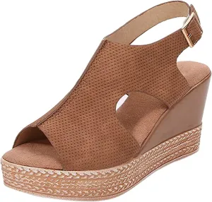 oiangi Slingback Sandals for Women Comfort Heels Summer Fish Mouth Open Toe Hollow Buckle Wedge Platform Shoes Casual Ankle Strap High Heel Beach Shoes