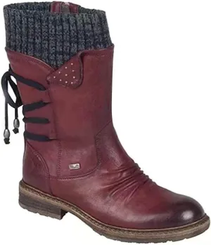 oiangi Womens Mid-calf Snow Boots Fashion Back Strap Woolen Yarn Elastic Round Toe Square Heel Slip-On Boots Winter Outdoor Warm Casual Shoes