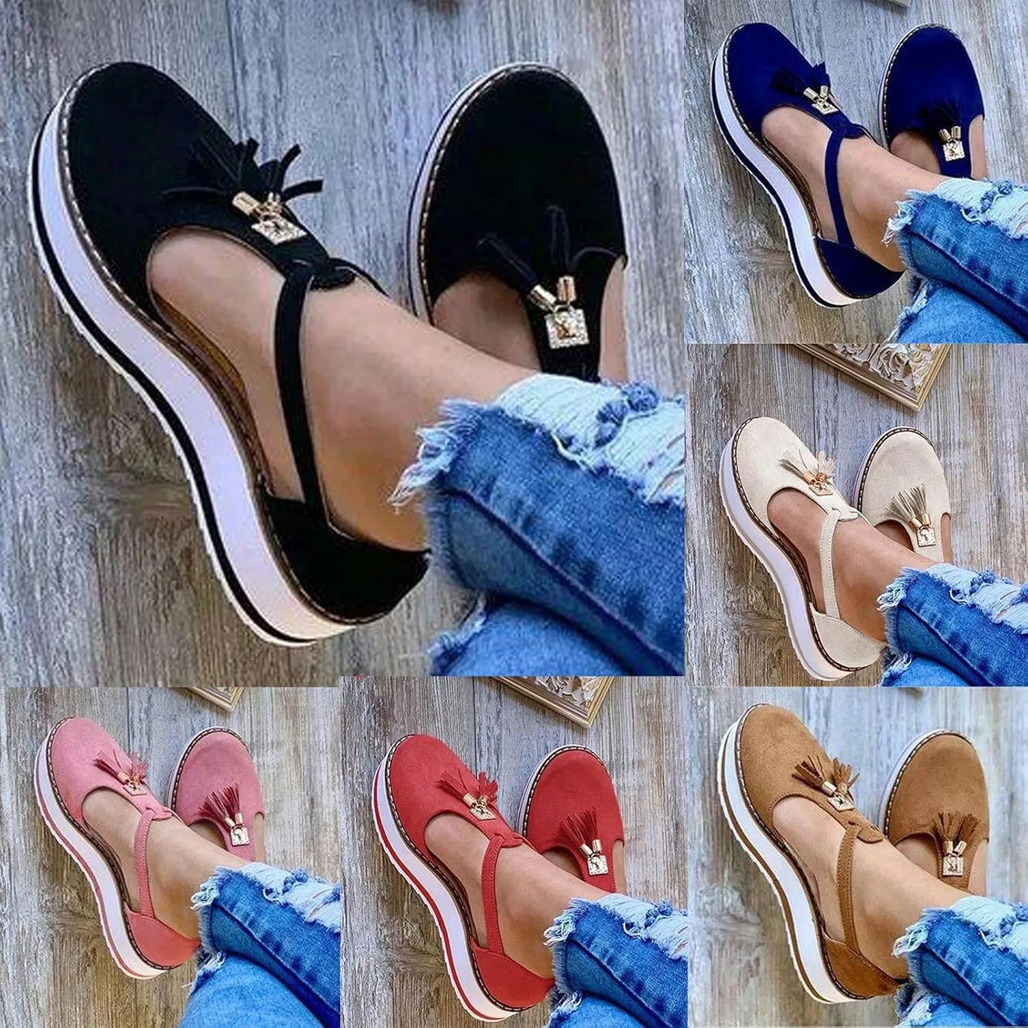oiangi Womens Shoes Sandals Dressy Fashion Tassel Round Toe Hollow out Flat Pumps Comfortable Thick Bottom Buckle Strap Casual Beach Shoes
