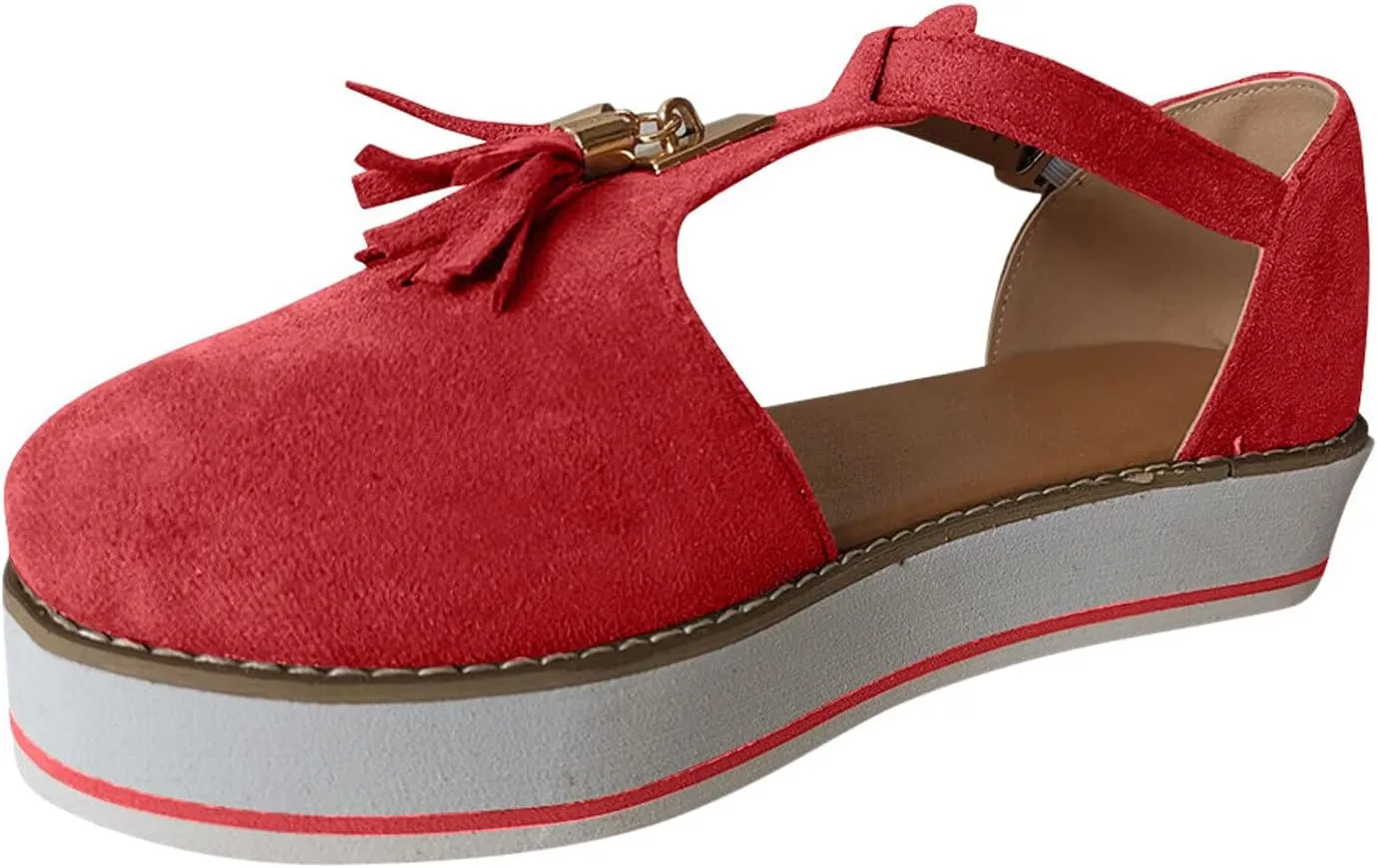 oiangi Womens Shoes Sandals Dressy Fashion Tassel Round Toe Hollow out Flat Pumps Comfortable Thick Bottom Buckle Strap Casual Beach Shoes
