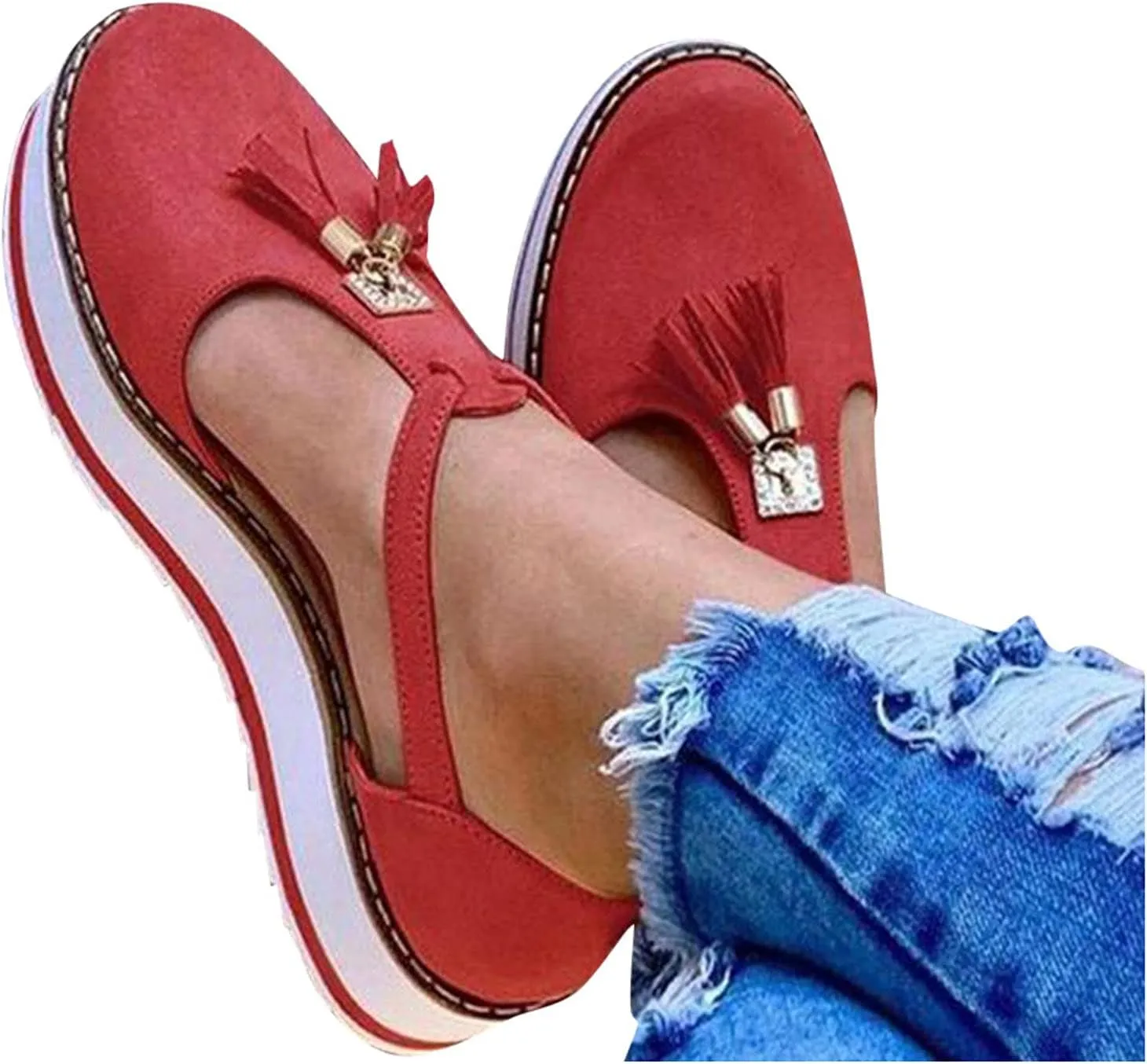 oiangi Womens Shoes Sandals Dressy Fashion Tassel Round Toe Hollow out Flat Pumps Comfortable Thick Bottom Buckle Strap Casual Beach Shoes
