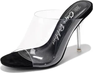 Open High Heels for Women- Sleek Round Toe Mules for Women with Genuine PU Leather Insole & 3.75 inch Stiletto Heel- Clear Sexy Heels for Women- Classy Slip On Heels (Allure.A)