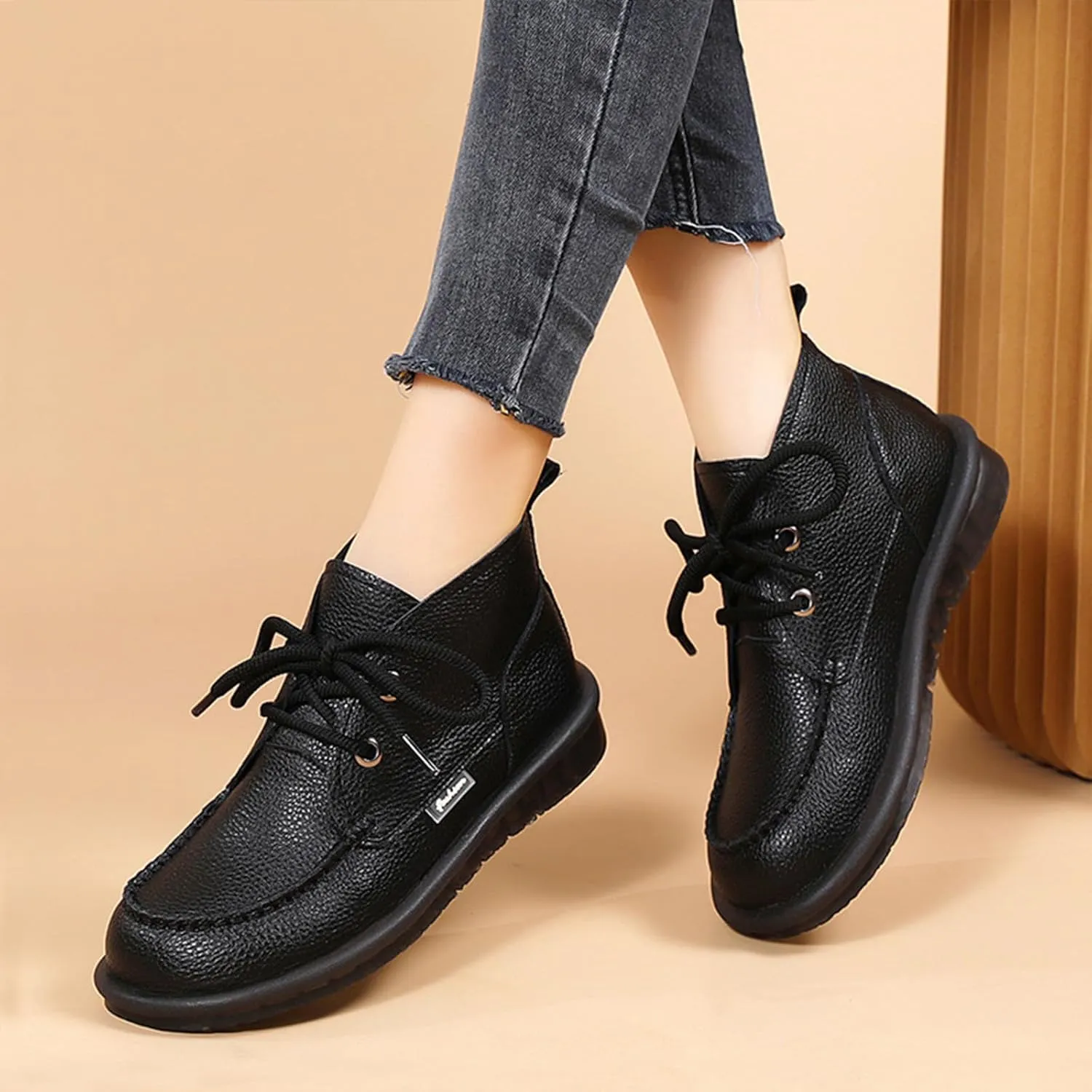 Optigard Women's Genuine Leather Ankle Chukka Boots,Lace-up High Top Comfortable Non-slip Warm Fur Lined Soft Sole Moccasin Booties Lightweight Flat Oxford Walking Loafers