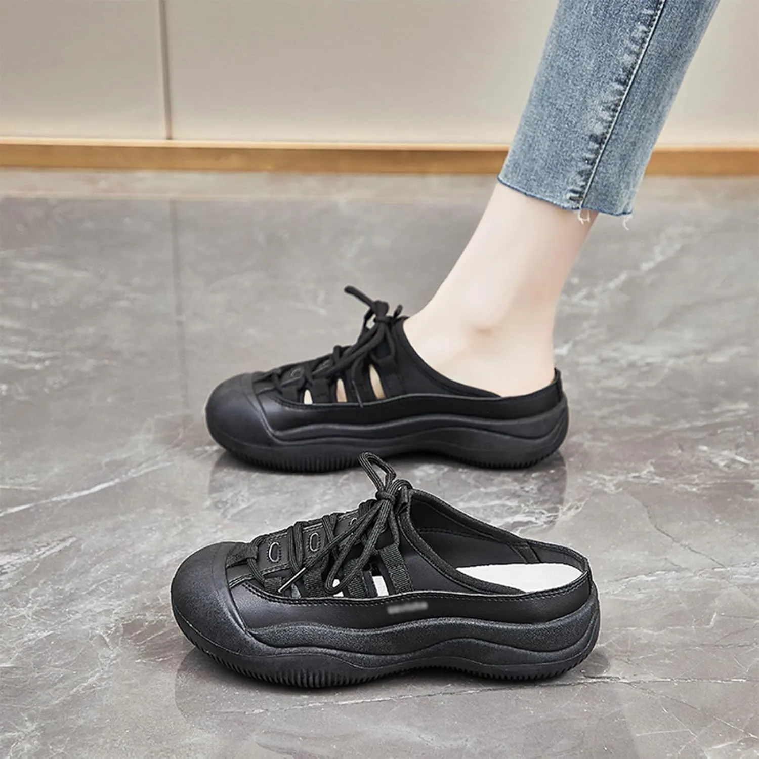 Optigard Women's Lace Up Hollow Platform Mule Sandals,Closed Round Toe Breathable Increase Height Walking Sports Sandals Summer Slip On Casual Mules
