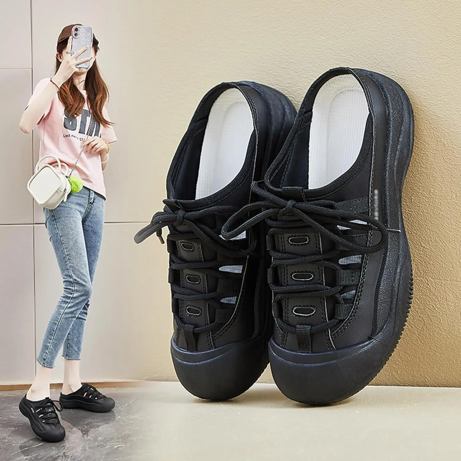 Optigard Women's Lace Up Hollow Platform Mule Sandals,Closed Round Toe Breathable Increase Height Walking Sports Sandals Summer Slip On Casual Mules