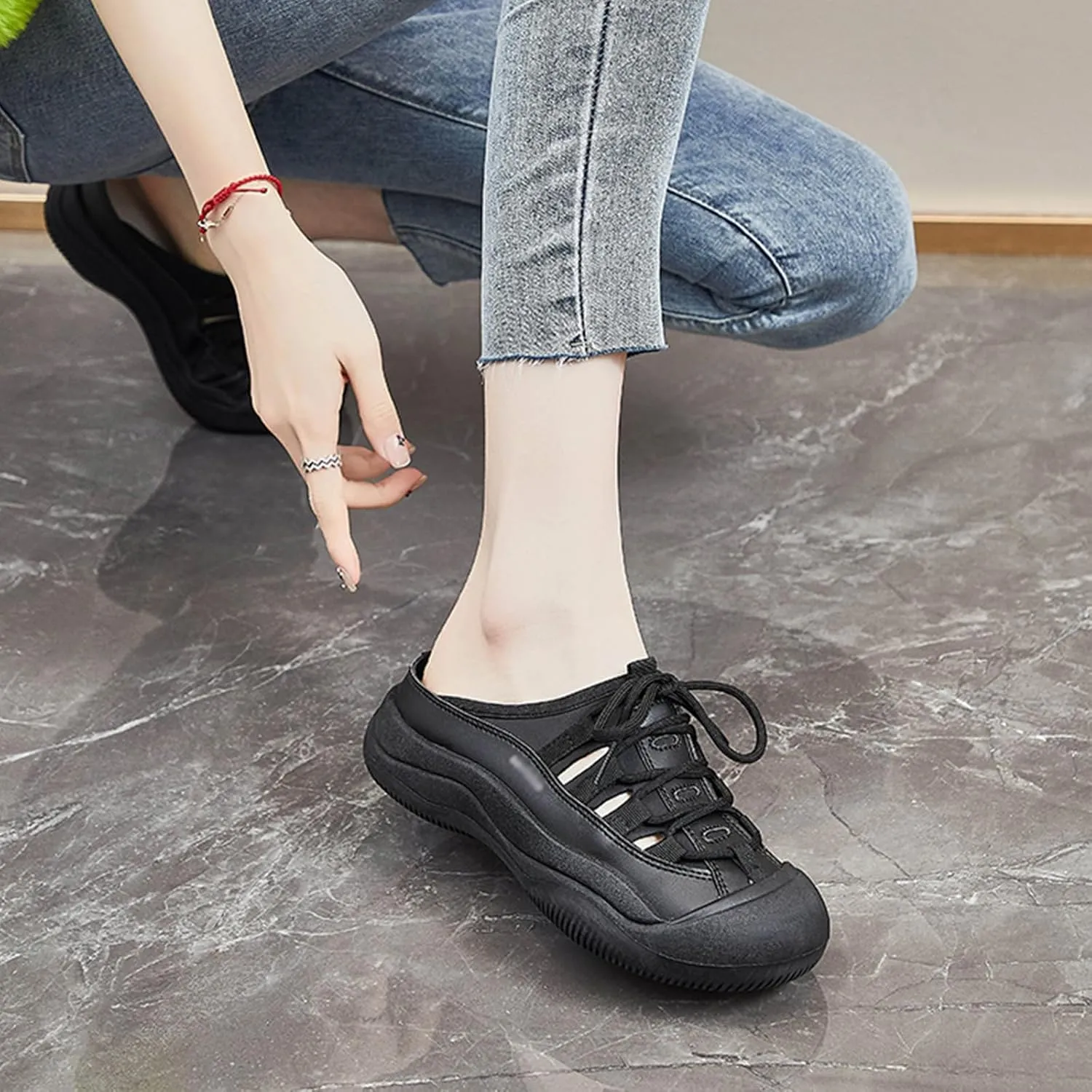 Optigard Women's Lace Up Hollow Platform Mule Sandals,Closed Round Toe Breathable Increase Height Walking Sports Sandals Summer Slip On Casual Mules