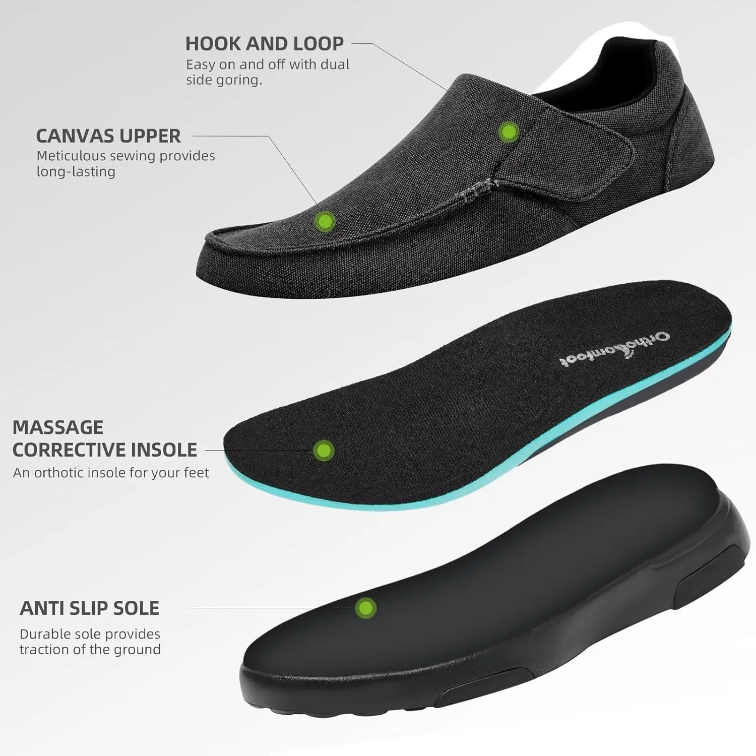 OrthoComfoot Men's Orthopedic Slip-On Loafers Walking Shoes: Comfortable Arch Support Plantar Fasciitis Hook and Loop Shoes, Casual Orthotic Work Loafers for Foot and Heel Pain